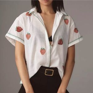 Maeve Whip Stitch Button Down Shirt with Embroidered Strawberries SP
